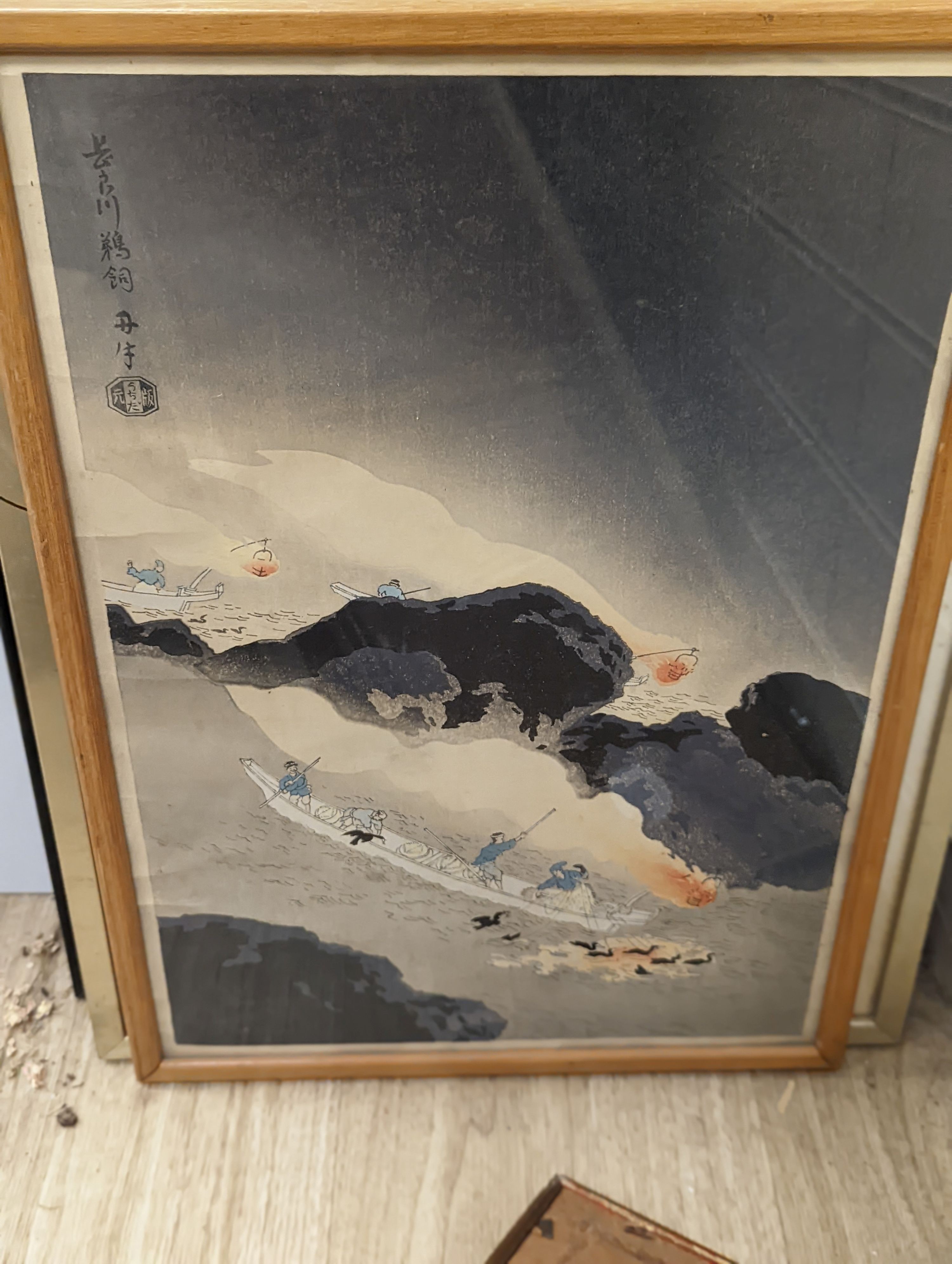 Hiroshige, woodblock print, 'Southern Shower over Shin-Ohashi Bridge', 36 x 24cm, and eight other assorted woodblock prints.